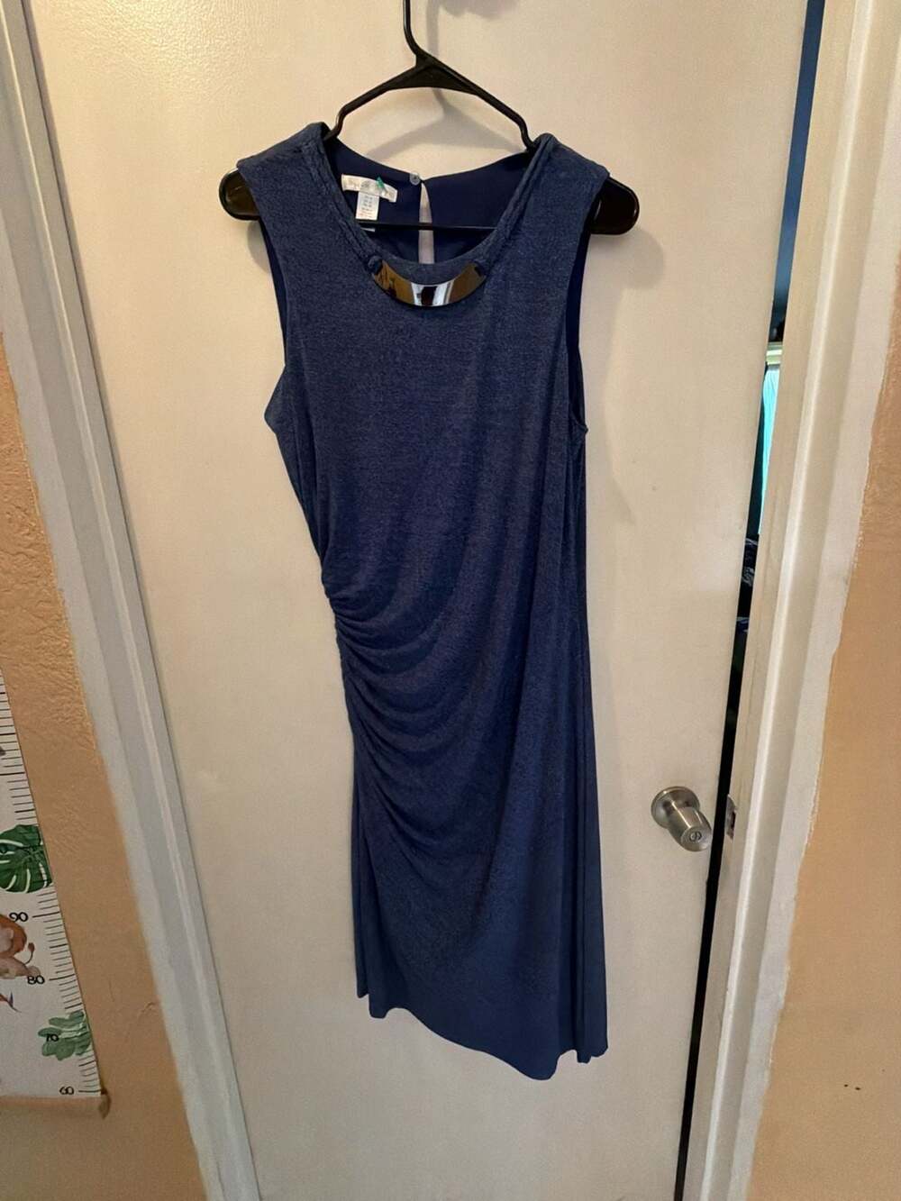 London Times Blue Sleeveless Ruched Midi Dress with Metal Collar Accent Size 12